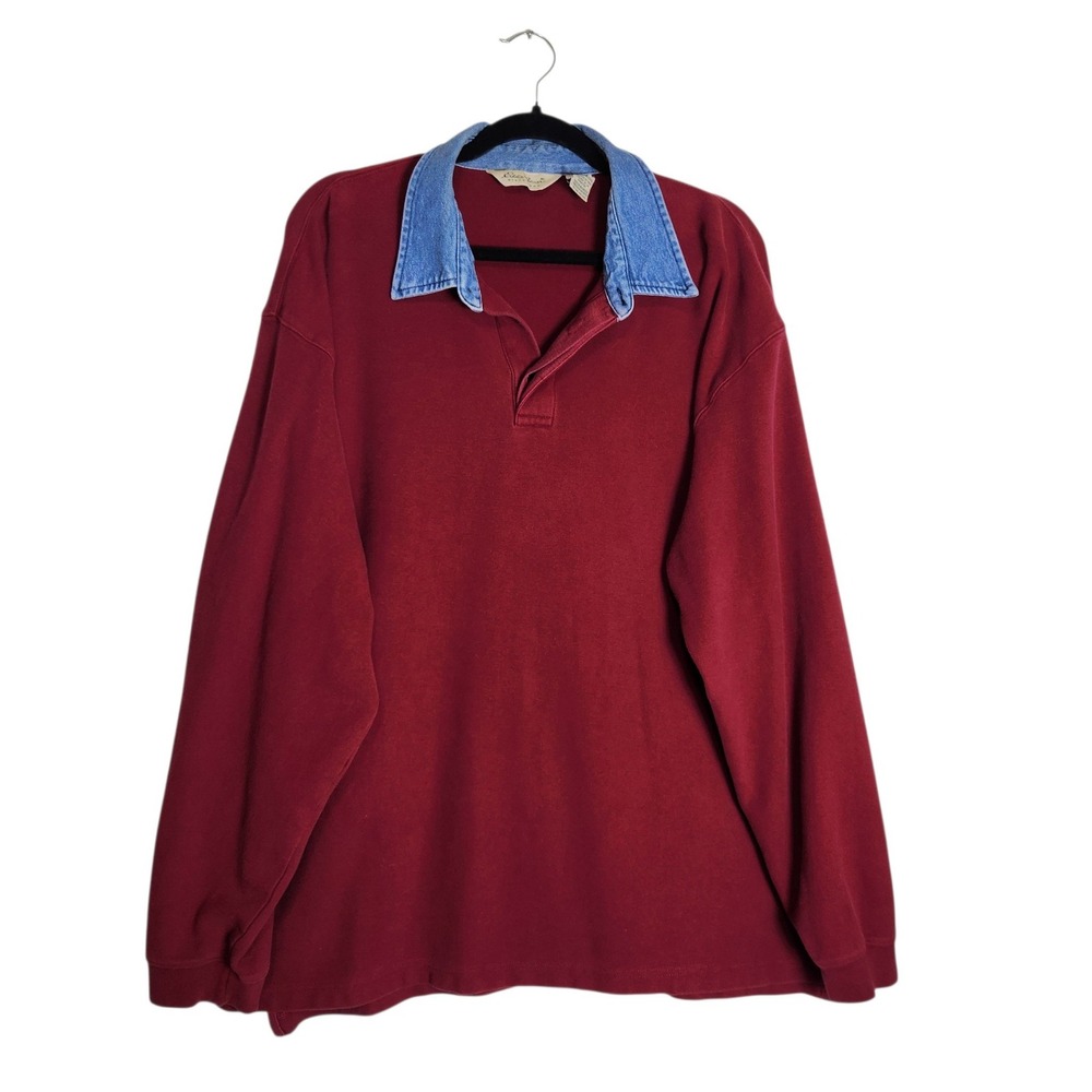 Eddie Bauer Mens XL Tall Burgundy Long Sleeve Polo Shirt Denim Collar Cotton